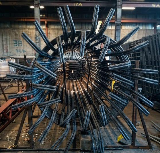 Assembled rebar in a fabrication shop