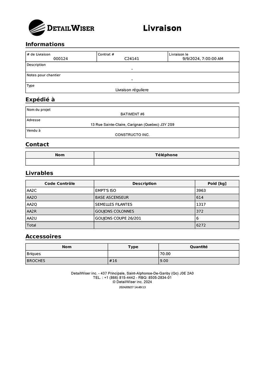Example of delivery slip