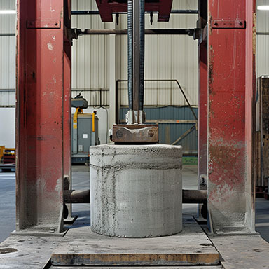 A concrete cylinder under a hydraulic press.