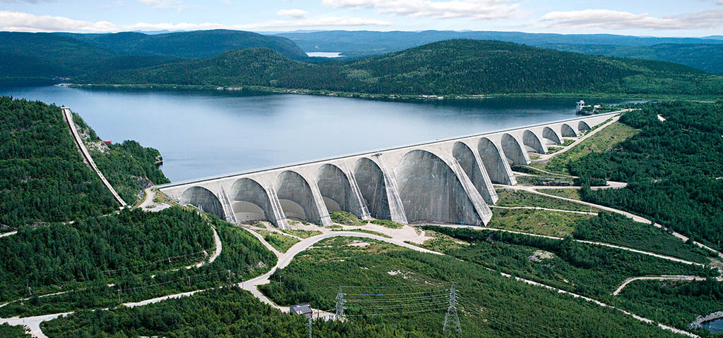 Aerial view of the Daniel-Johnson Dam and reservoir on the Manicouagan River.